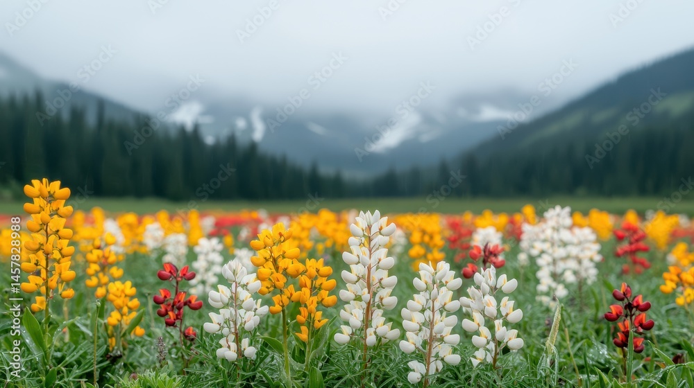 Fototapeta premium Vibrant Wildflower Meadow in Scenic Mountain Landscape during Spring