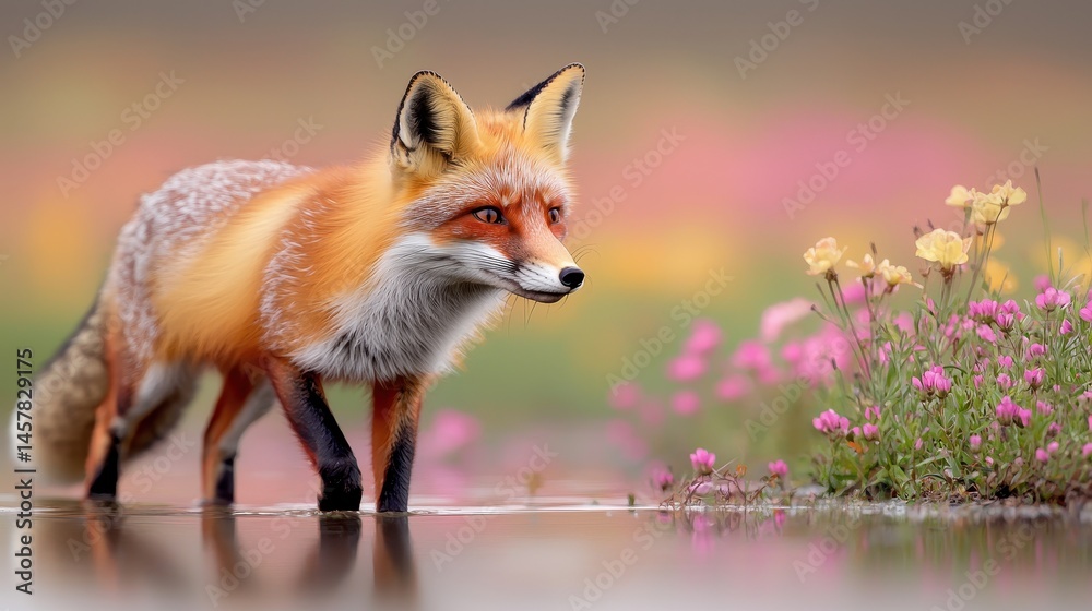 Obraz premium Red Fox Walking Through Colorful Flowers in Nature Landscape