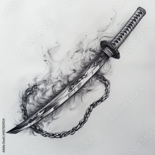 katana, draw, asian, cut, Japan, smoke, black and white, chain, weapon