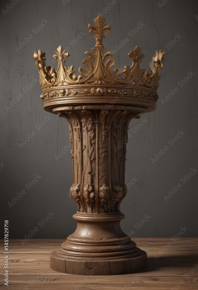 Ornate golden crown atop aged, carved wooden pedestal , rich, antique Ornate golden crown atop aged, carved wooden pedestal , rich, antique