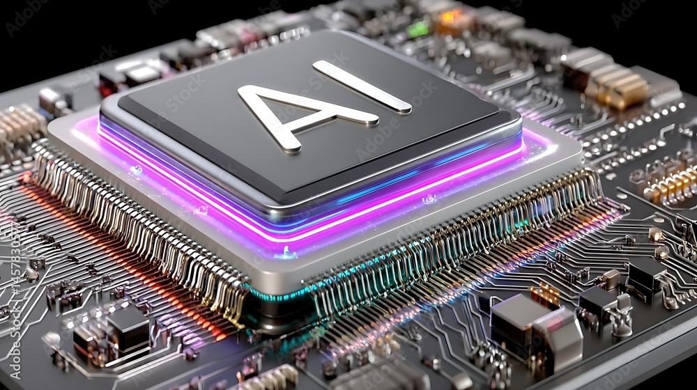 Fototapeta premium Close-Up of Advanced Microchip with AI Technology and Colorful Circuit Board Design