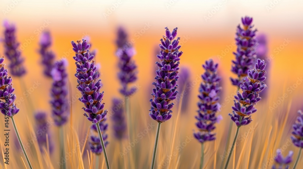 Fototapeta premium Captivating Purple Lavender Blooms Against Soft Sunrise Background