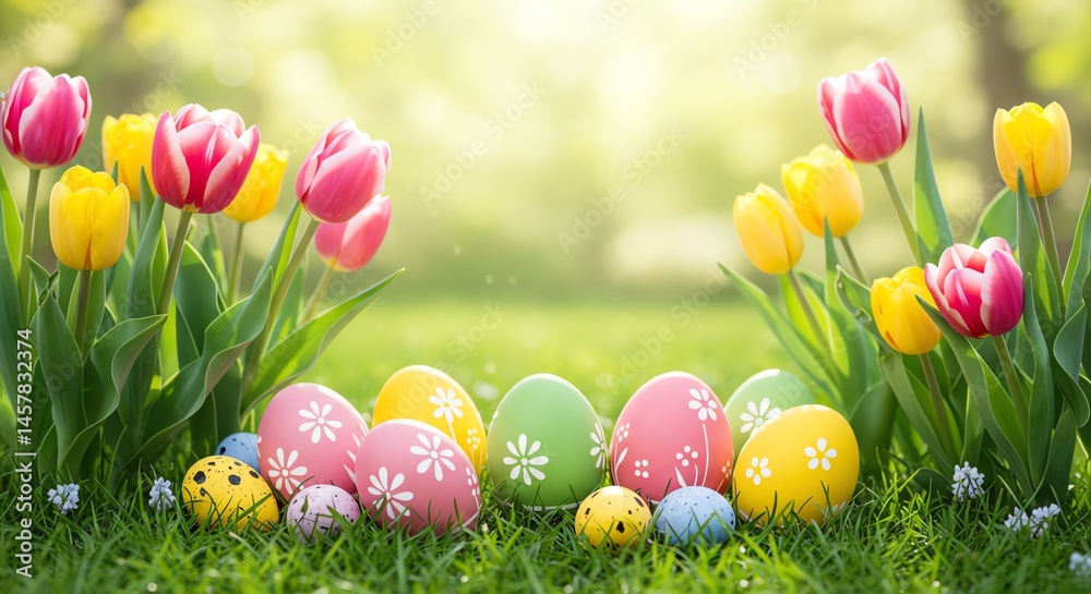 Fototapeta premium Easter Eggs and Tulips in Spring Garden