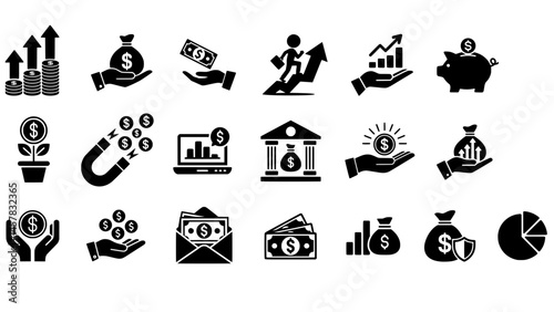 Set of 20 black finance and business icons on white background