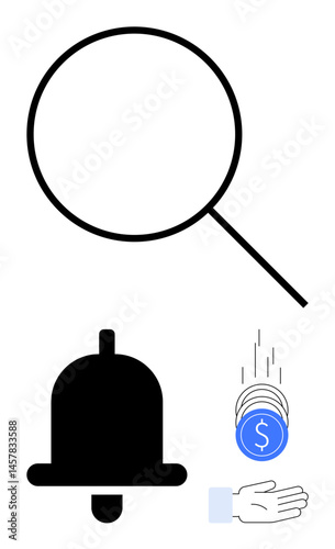 Magnifying glass with bold outline, notification bell, and hand catching coins with dollar sign. Ideal for finance, search, alerts, savings, growth notifications minimal UI. Simple landing page