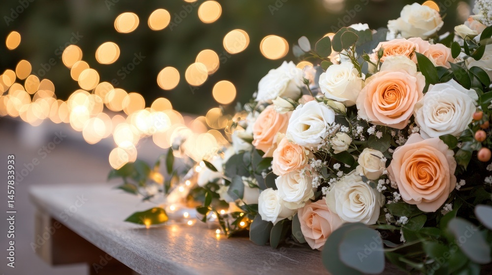 Obraz premium Peach and cream rose bouquet with soft string lights