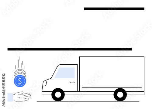 Cargo truck driving forward with a coin dropping into an open hand, representing payment. Ideal for e-commerce, shipping, logistics, delivery, financial transactions, trade, or a simple landing page