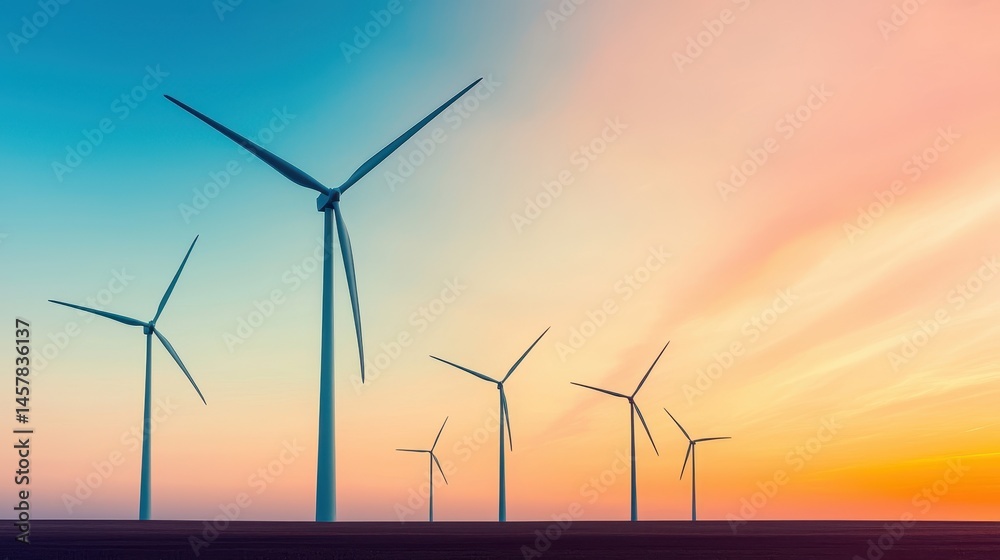 Fototapeta premium Wind Turbines Against Colorful Sky at Sunset in Renewable Energy Setting