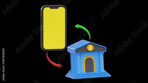 3D Animated Mobile Banking Transfer to a Bank, Alpha Channel, 4K Animation