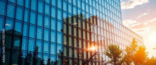 Modern eco-friendly glass office building reflecting sunlight, environmental friendly, carbon neutral photo