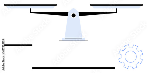 Balance scale with two pans symbolizing fairness beside a gear representing operational efficiency. Ideal for justice, equality, choice, decision, process, balance, fairness. Flat simple metaphor