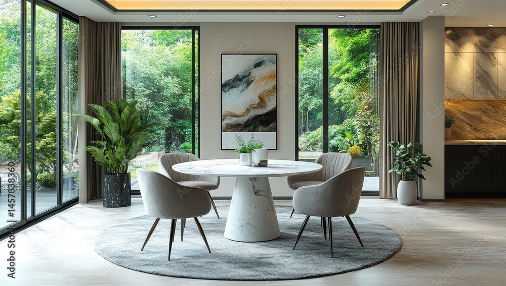 Fototapeta premium Modern dining room, marble table, garden view, sunlight, interior design