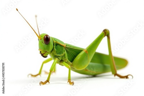A single green grasshopper isolated on pure white, insect, still life, orthoptera