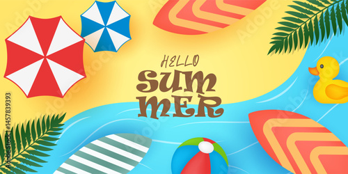 Hello Summer poster, card, banner, cover, flayer set background, with inflatable swimming pool, coconut trees, pile of sand, beach umbrella, colorful banner design, cloud and sky on yellow backdrop