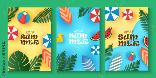 Hello Summer poster, card, banner, cover, flayer set background, with inflatable swimming pool, coconut trees, pile of sand, beach umbrella, colorful banner design, cloud and sky on yellow backdrop