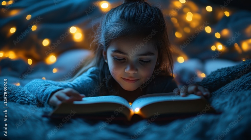 Young Girl Reading Book Under Soft Lights in Cozy Bedroom Setting Young Girl Reading Book Under Soft Lights in Cozy Bedroom Setting