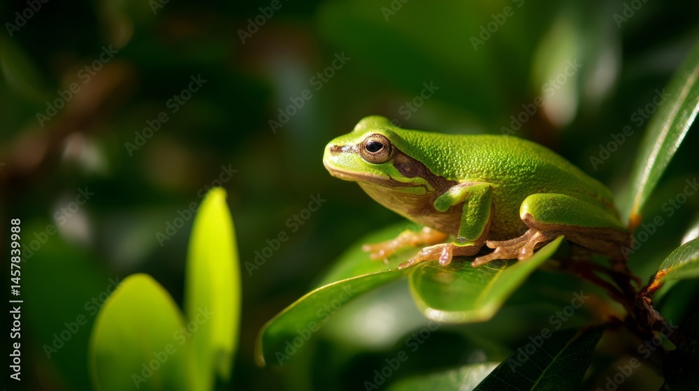 Tree frog resting on a vibrant leaf, bathed in soft sunlight - nature's delicate balance in a hidden world
Tree frog resting on a vibrant leaf, bathed in soft sunlight - nature's delicate balance in a hidden world
