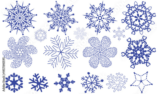 Vector big collection christmas handwork dark blue monochome snowflakes isolated on a transparent background