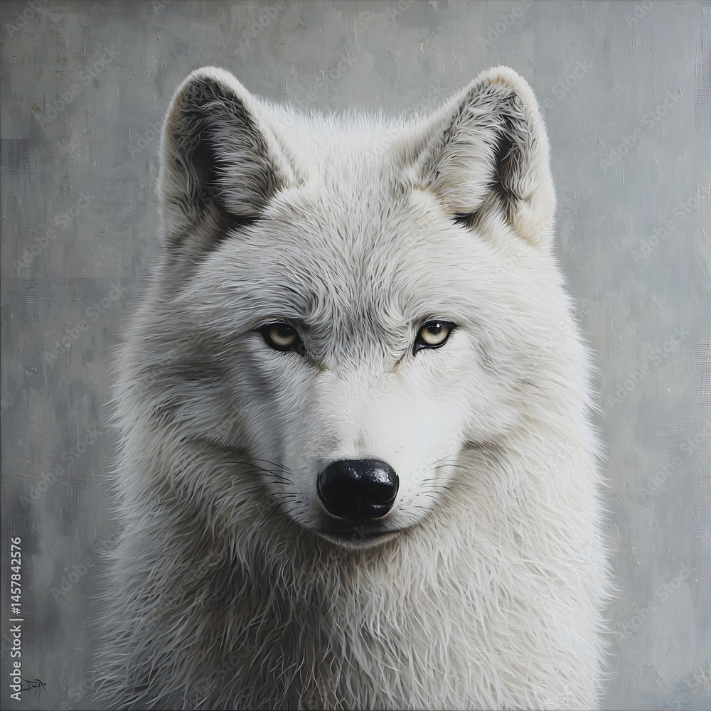 Obraz premium Close-up detailed portrait of a majestic Siberian husky dog with piercing eyes and thick white fur, showcasing the beauty and strength of this breed against a neutral background