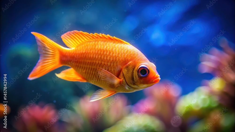 Small orange fish with bright scales swimming in the ocean, small fish species, marine life Small orange fish with bright scales swimming in the ocean, small fish species, marine life