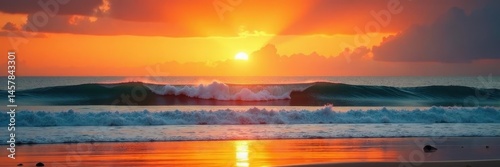 Vibrant orange sky, Pacific Ocean waves on Long Beach shore, ocean, view