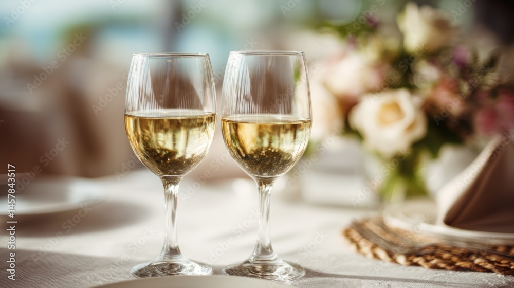 Two wine glasses with white wine on an elegant table; a moment of refined relaxation and simple luxury.
Two wine glasses with white wine on an elegant table; a moment of refined relaxation and simple luxury.