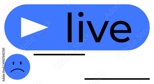 Blue play-button design with live text alongside sad face. Ideal for livestream, online presence, reactions, feedback, digital communication, emotions, simple landing page