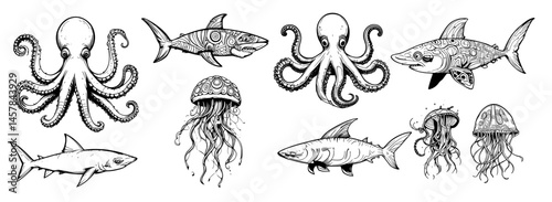 Wallpaper Mural ocean animals set. octopus, shark and Jellyfish black vector illustration on white background Torontodigital.ca