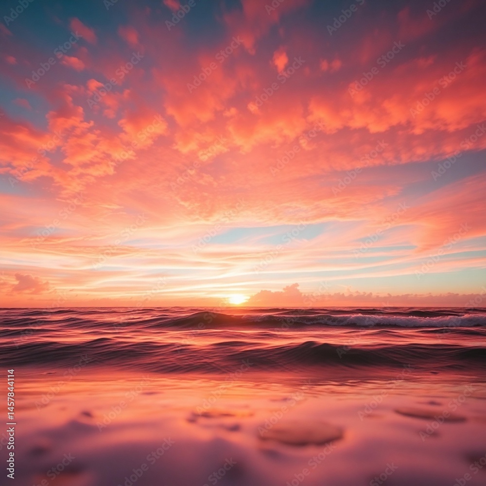Fototapeta premium Dramatic orange and red sunset clouds paint the sky over the tranquil blue sea and sandy beach at dusk