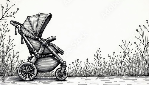 Intricate stroller line art, monochrome, geometric background, abstract, gold