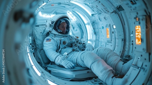 Astronaut in Space Capsule with Advanced Technology and Equipment