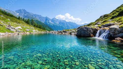 Serene Mountain Lake with Clear Water and Cascading Waterfall Scene