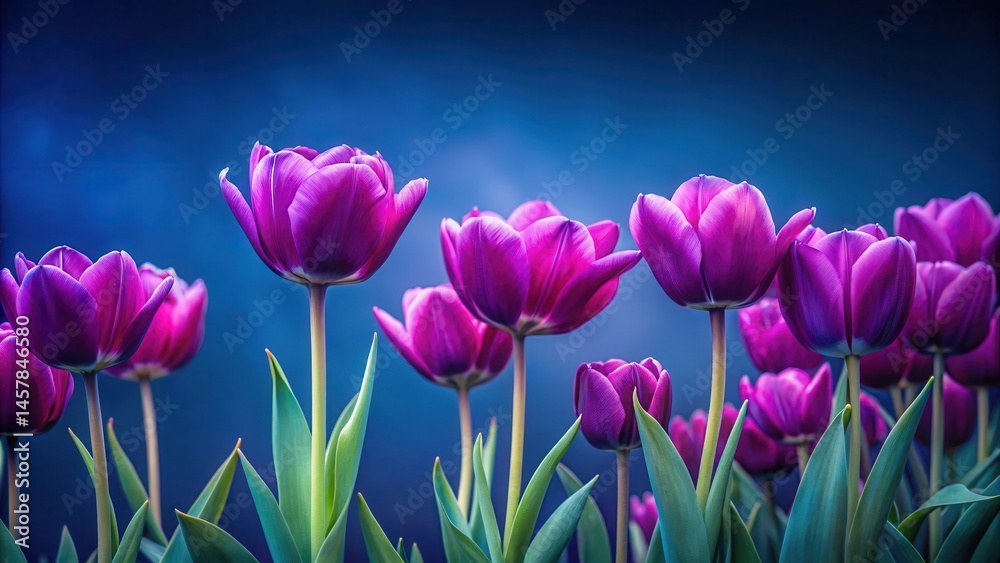 Fototapeta premium A field of vibrant, cup-shaped purple tulips stands out against a somber, midnight-blue background, their slender stems swaying gently in the breeze , purple tulips, nature