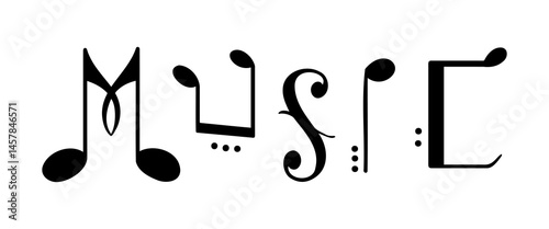Creative design featuring the word music in a stylish, artistic font with musical notes integrated into the letters during a design showcase