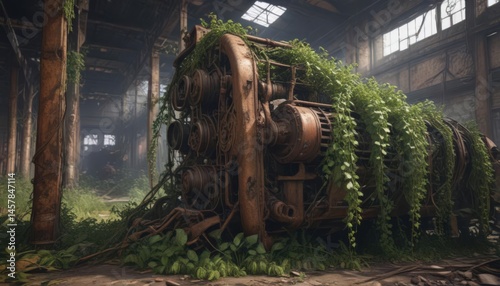 Overgrown vines cling to rusting machinery in a crumbling warehouse ,  darkness,  abandoned