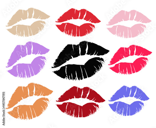Colorful lipstick kiss marks silhouette set – vector lips imprint collection, female lips illustration isolated on white background.