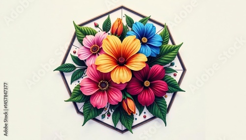 Intricate floral bouquet within a hexagon, vibrant hues , flowers, design element