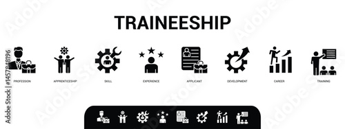 Traineeship banner website icon vector illustration concept for apprenticeship on job training program with icon of applicant, work experience, skills, internship, career, profession.