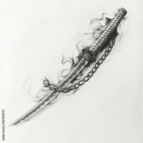 katana, draw, asian, cut, Japan, smoke, black and white, chain, weapon