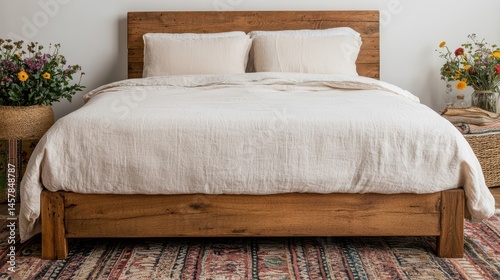 Cozy Rustic Bedroom with Wooden Bed and Neutral Bedding Decor