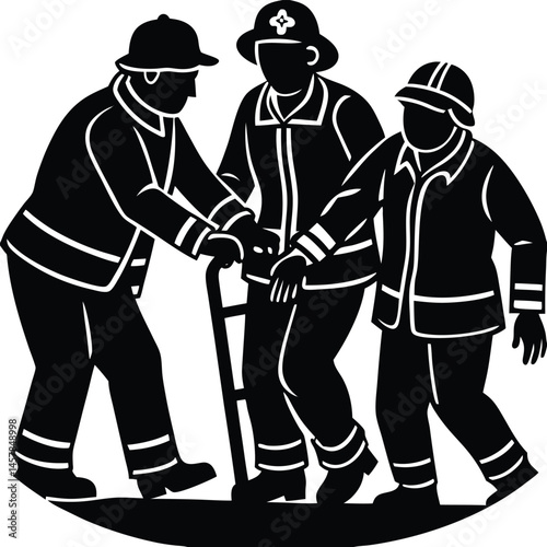 Firefighter vector Silhouette illustration Firefighters assisting elderly person