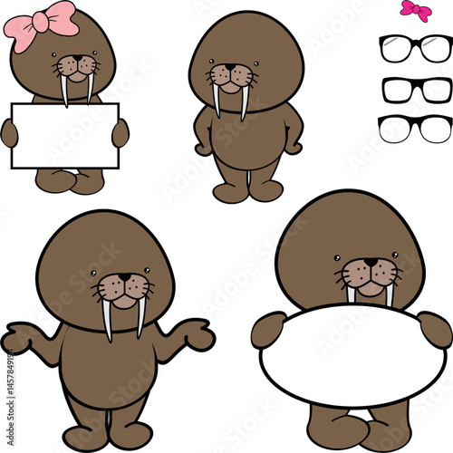 cute chibi warlus cartoon singboard pack collection  illustration in vector art