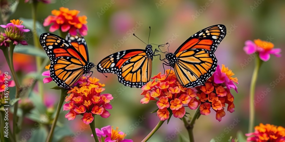 Obraz premium Monarch butterflies nectaring on colorful blossoms during fall migration in Texas' Rio Grande Valley, nectar, flora