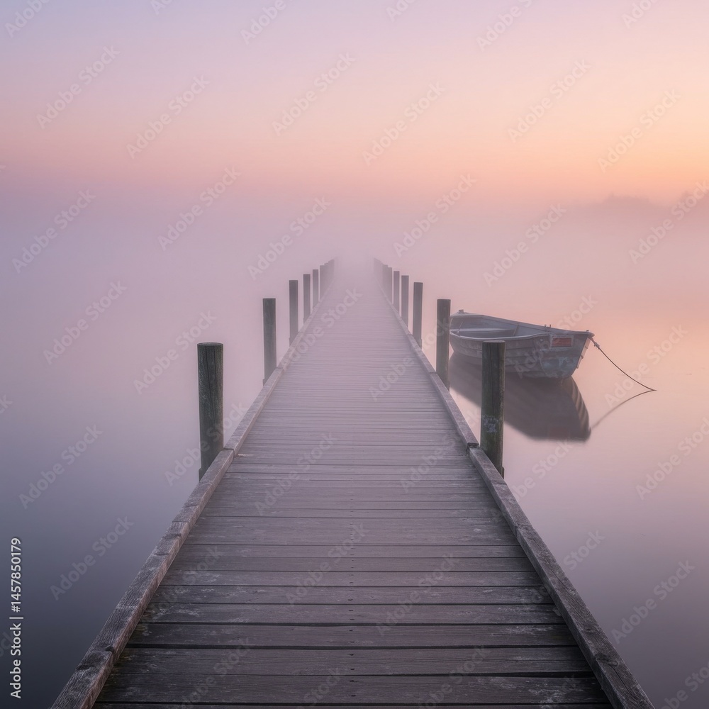 Obraz premium Misty Morning at a Lake: Wooden Dock and a Boat
