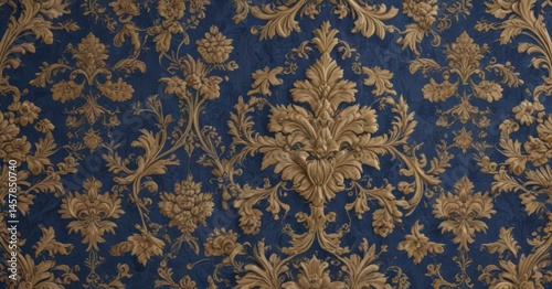 Intricate damask-style floral wallpaper; royal blue, gold accents, wallpaper, leaf