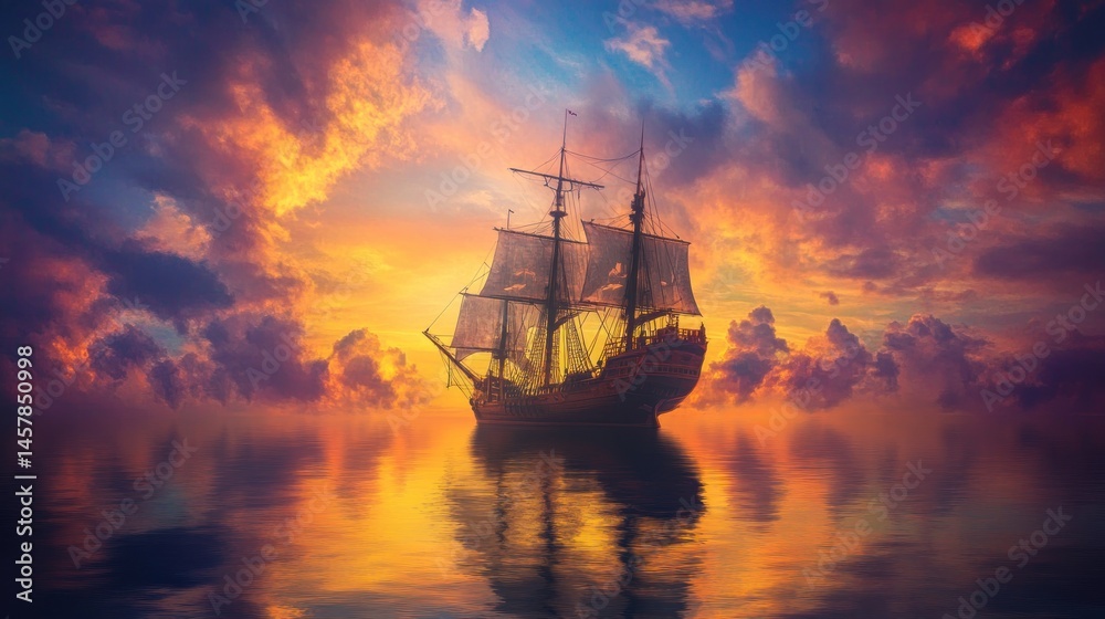 Obraz premium Vintage sailboat at sunset on calm sea