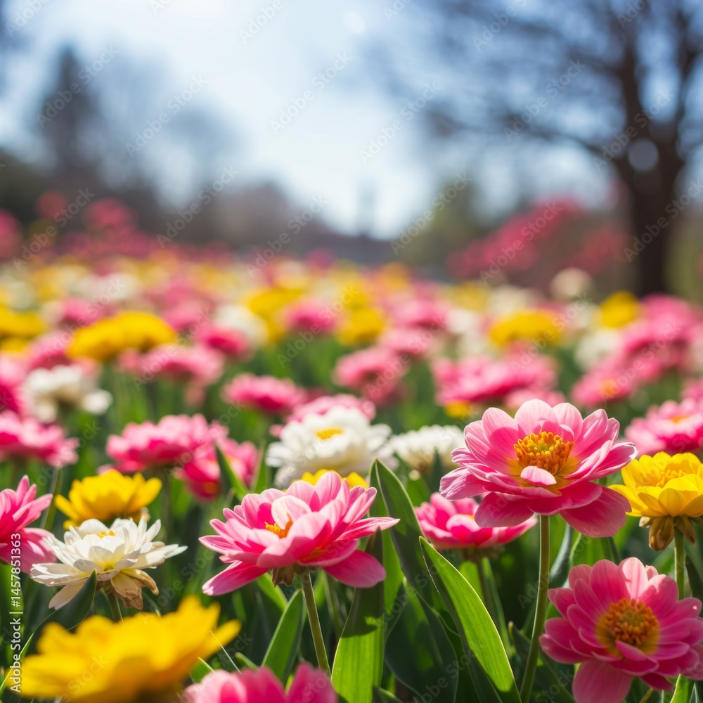 Fototapeta premium Vibrant Pink Yellow White Flowers Blooming in Sunny Garden