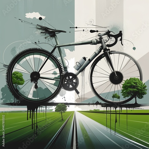 Eco concept bicycle art with gears and green road background.