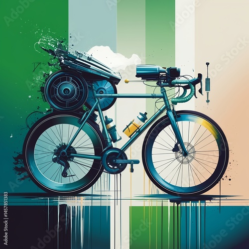 Abstract digital art of sustainable living with bicycle and gradient background.