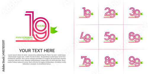 Anniversary logo style double line number set with ribbon. purple color on white background for celebration event